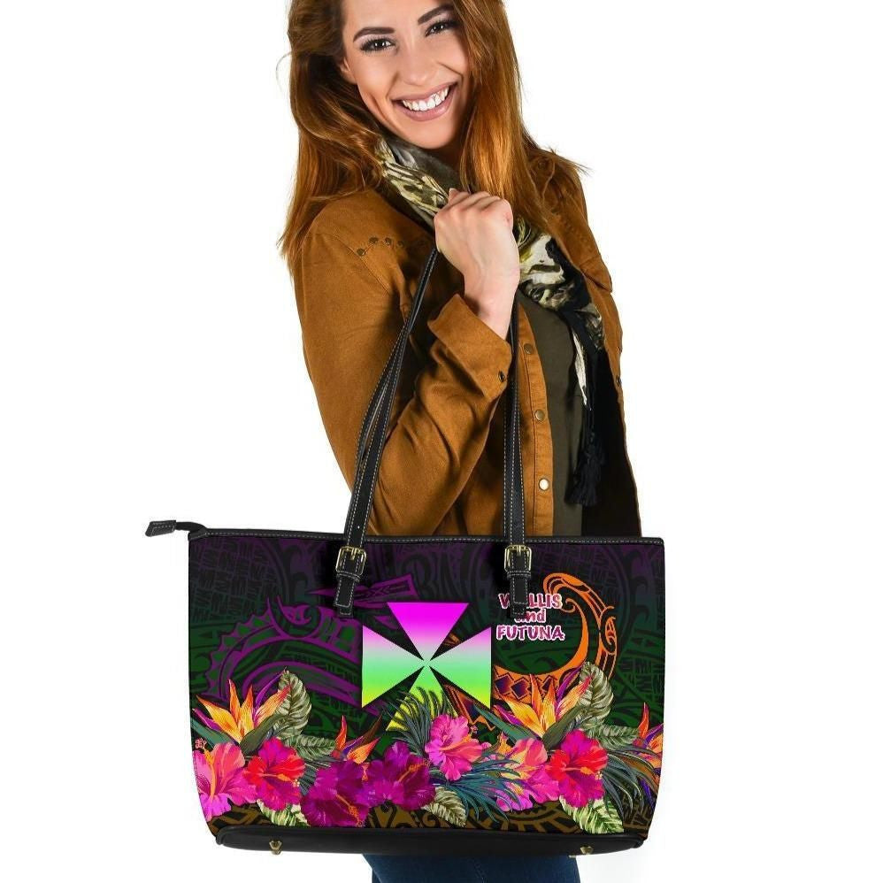 Wallis And Futuna Personalised Leather Tote Bag Summer Hibiscus