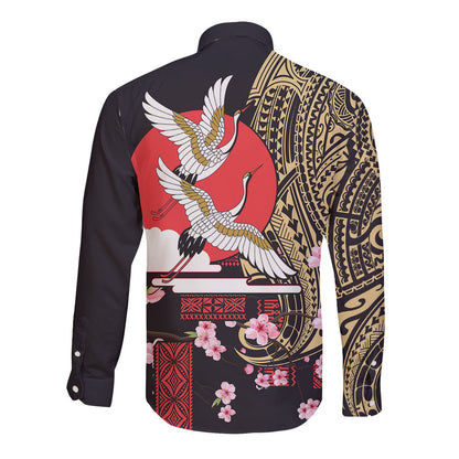 Japanese Culture And Hawaiian Tribal Long Sleeve Button Shirt Sakura Blossom Tapa Pattern