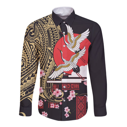 Japanese Culture And Hawaiian Tribal Long Sleeve Button Shirt Sakura Blossom Tapa Pattern