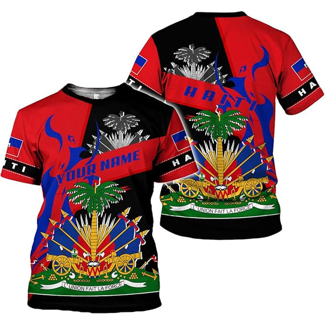 T Shirt Custom Haiti Symbol Coat Of Arms, Stylized Flame T Shirt