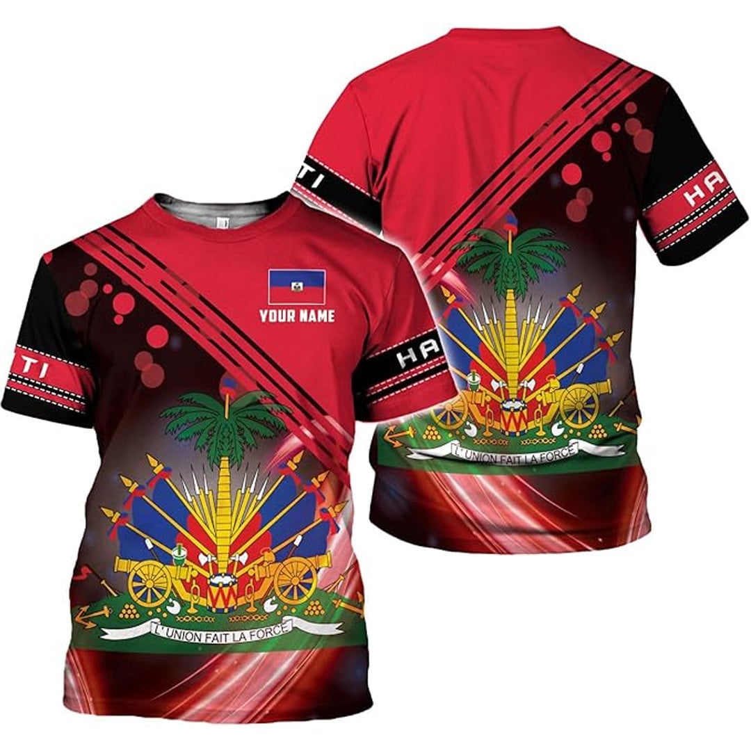T Shirt Custom Haiti Symbol Coat Of Arms, Haiti Flag ,Style Three Stripes T Shirt