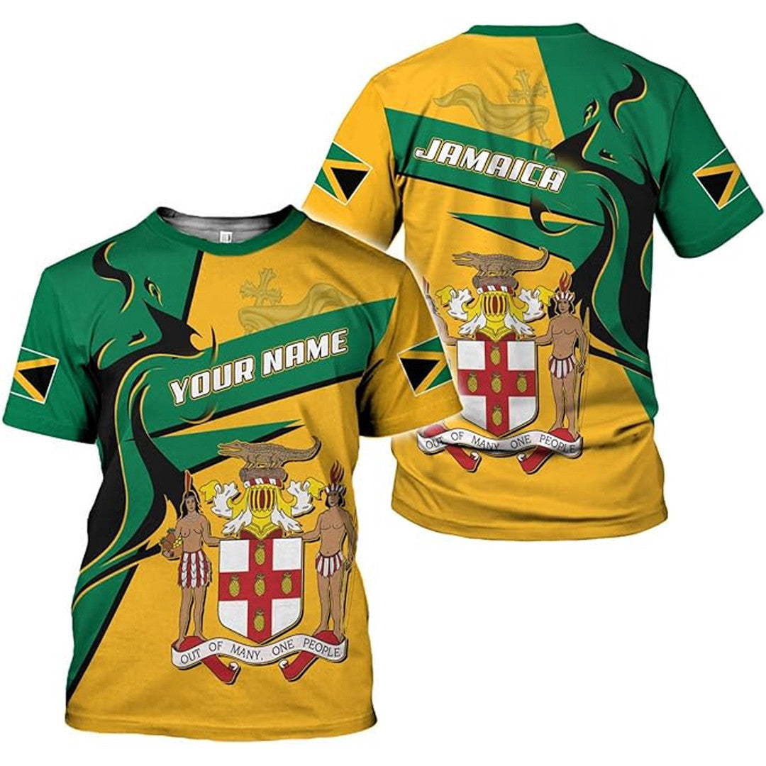 T Shirt Custom Jamaica Symbol Coat Of Arms, Jamaica Flag, Stylized Flame T Shirt