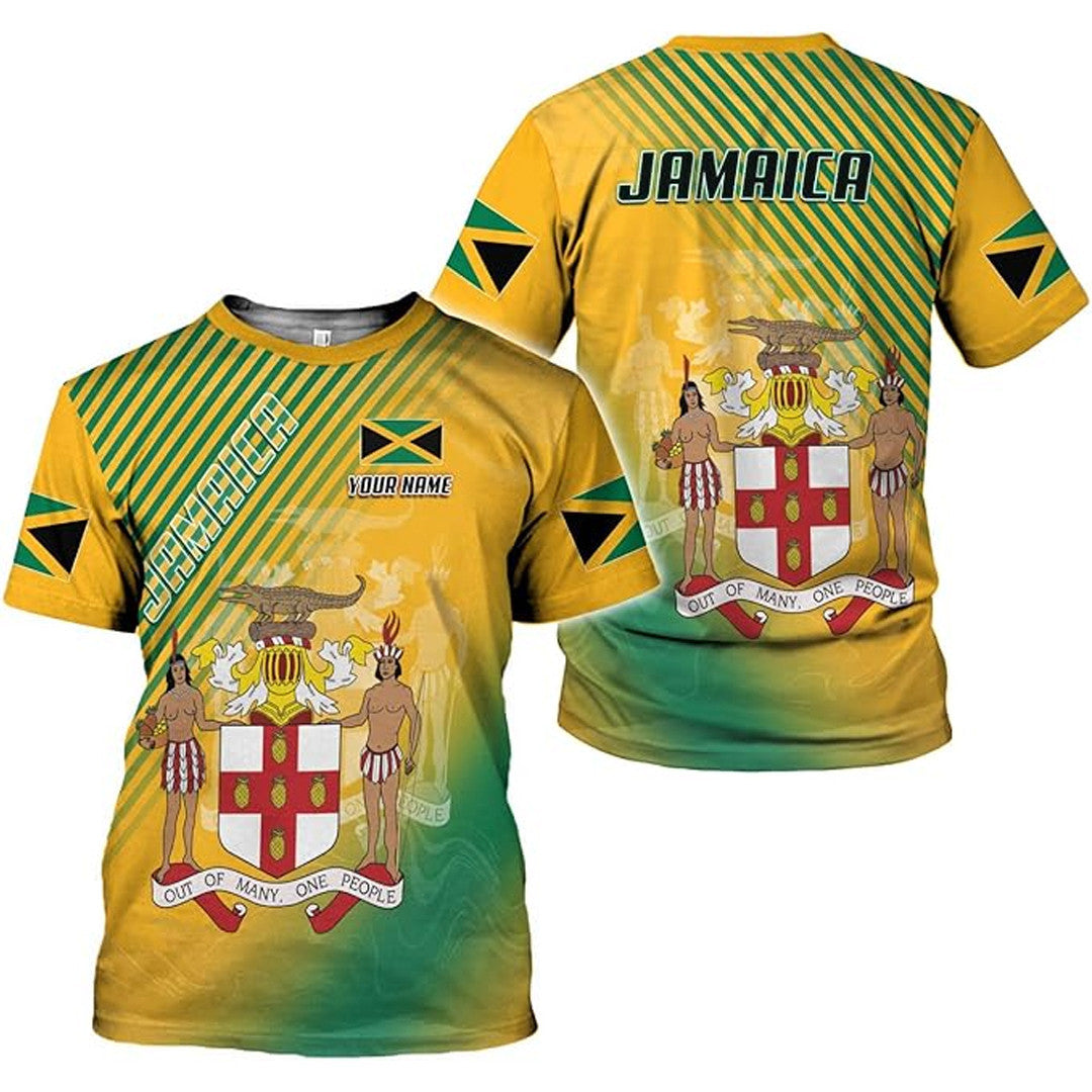 T Shirt Custom Jamaica Symbol Coat Of Arms, Jamaica Flag, Style Diagonal Stripes And Color Shifts T Shirt