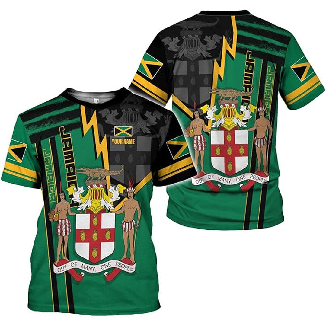 T Shirt Custom Jamaica Symbol Coat Of Arms, Style Lightning Shape And Diagonal Stripes T Shirt