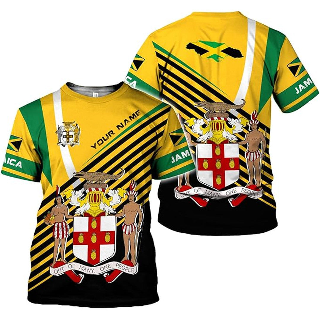 T Shirt Custom Jamaica Symbol Coat Of Arms, Jamaica Flag And Map, Style Letter Ribbon T Shirt