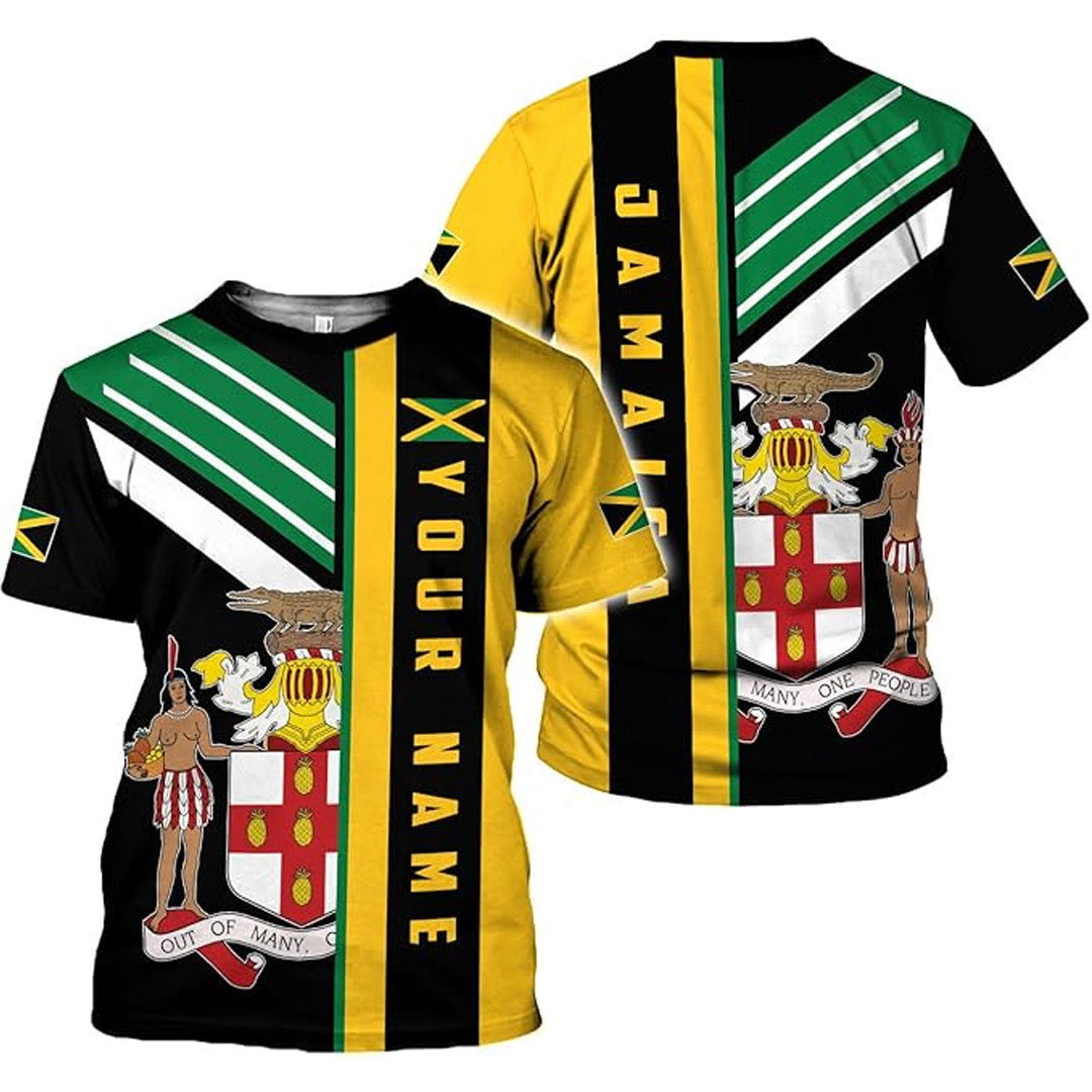 T Shirt Custom Jamaica Symbol Coat Of Arms, Jamaica Flag, Style Vertical Lines T Shirt