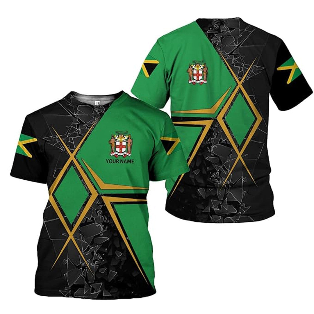 T Shirt Custom Jamaica Symbol Coat Of Arms, Jamaica Flag, Style Piece Of Glass And Diamond Stripes T Shirt