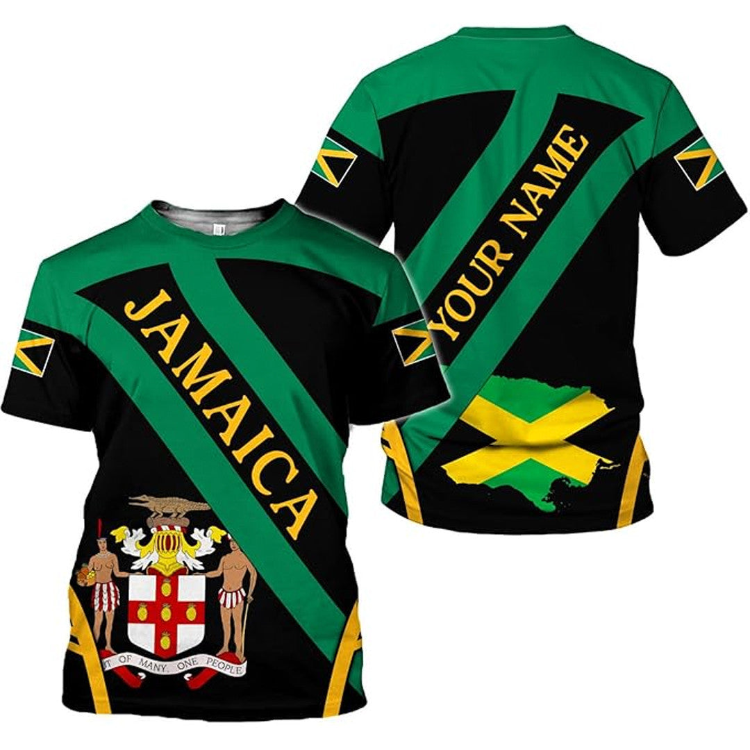 T Shirt Custom Jamaica Symbol Coat Of Arms, Jamaica Flag And Map, Style Color Spread T Shirt
