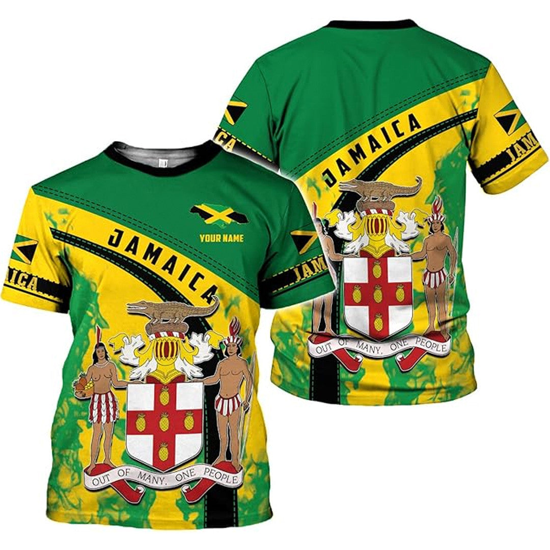 T Shirt Custom Jamaica Symbol Coat Of Arms, Jamaica Flag And Map, Style Broken Glass Effect T Shirt