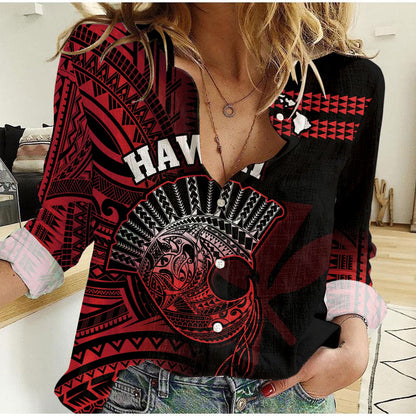 Custom Personalised Hawaii Women Casual Shirt Kakau Warrior Helmet Gradient Red Polynesian