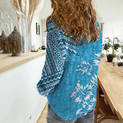 Hawaii Summer Women Casual Shirt Mix Polynesian Light Blue
