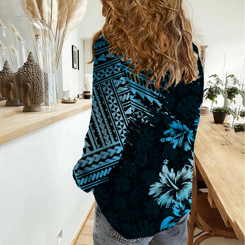 Hawaii Summer Women Casual Shirt Mix Polynesian Black Blue
