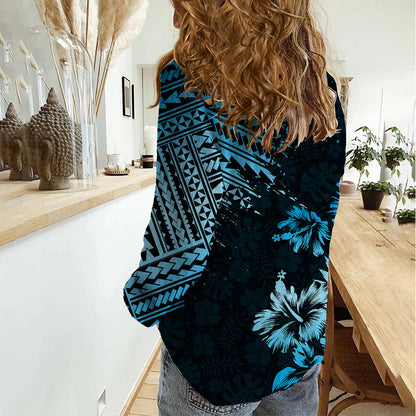 Hawaii Summer Women Casual Shirt Mix Polynesian Black Blue