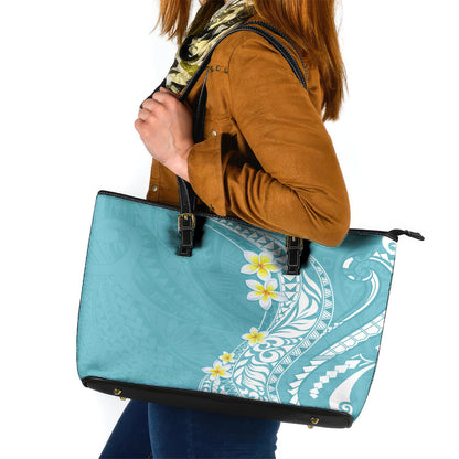 Hawaii Aloha Leather Tote Bag Plumeria Vintage Turquoise