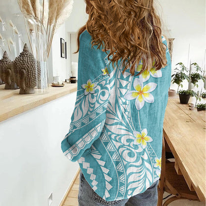 Hawaii Aloha Women Casual Shirt Plumeria Vintage Turquoise