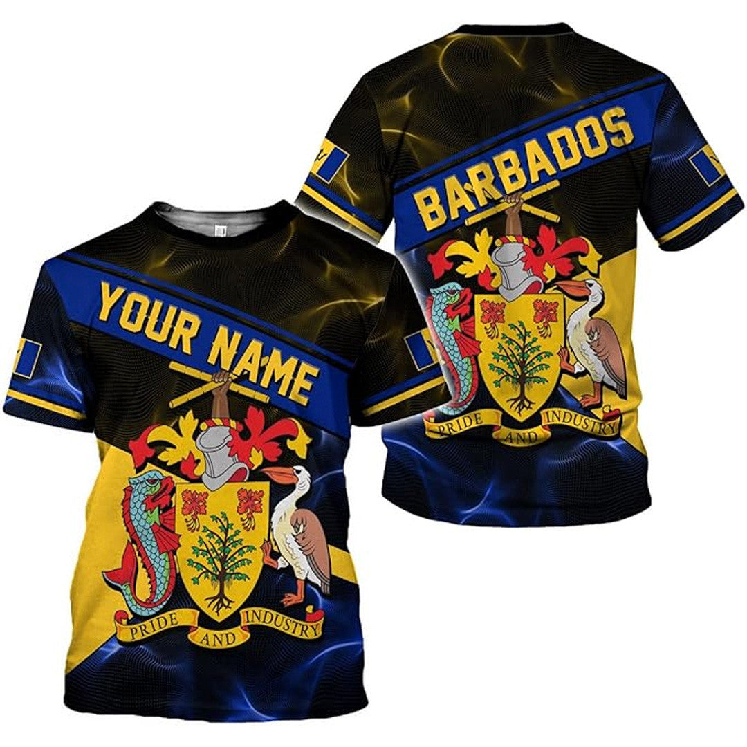 T Shirt Country Custom Barbados Symbol Coat Of Arms, Barbados Flag, Style Wave Range T Shirt