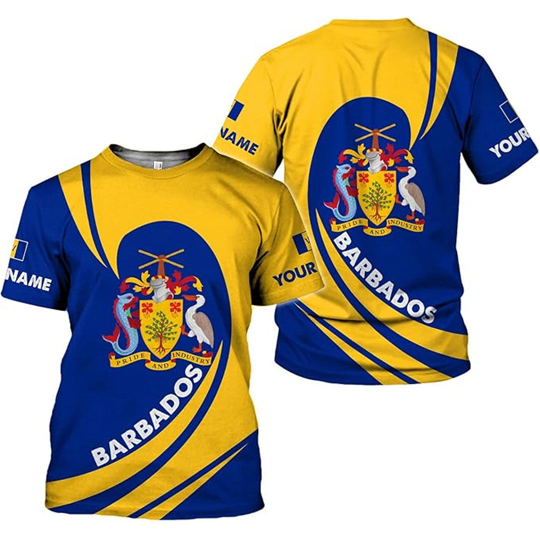 T Shirt Country Custom Barbados Symbol Coat Of Arms, Barbados Flag, Style Converging Ribbon T Shirt