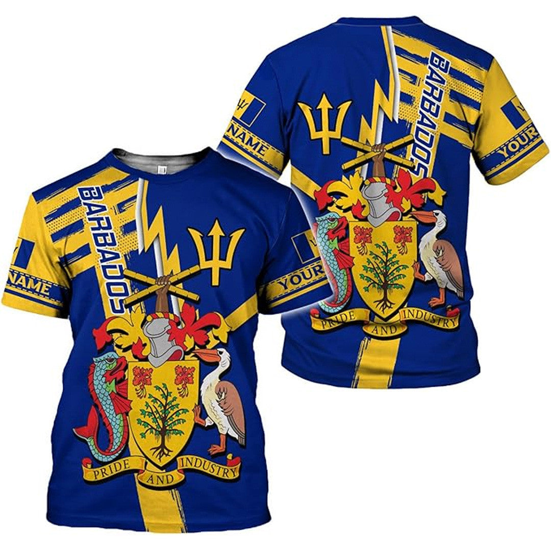 T Shirt Country Custom Barbados Symbol Coat Of Arms, Style Lightning Shape And Diagonal Stripes T Shirt