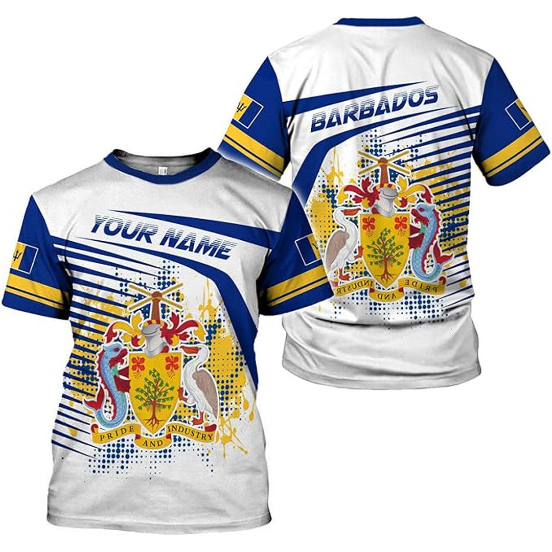 T Shirt Country Custom Barbados Symbol Coat Of Arms, Stripes And Overlapping Colors T Shirt