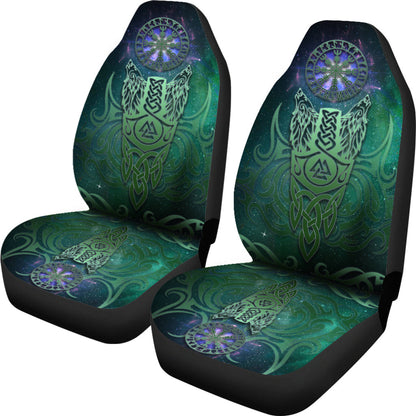 Car Seat Cover Double Wolf And Helm Of Awe Galaxy Blue Background Car Seat Cover
