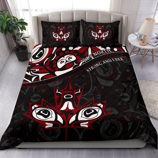 Canada Day Bedding Set - Haida Maple Leaf Style Tattoo Black