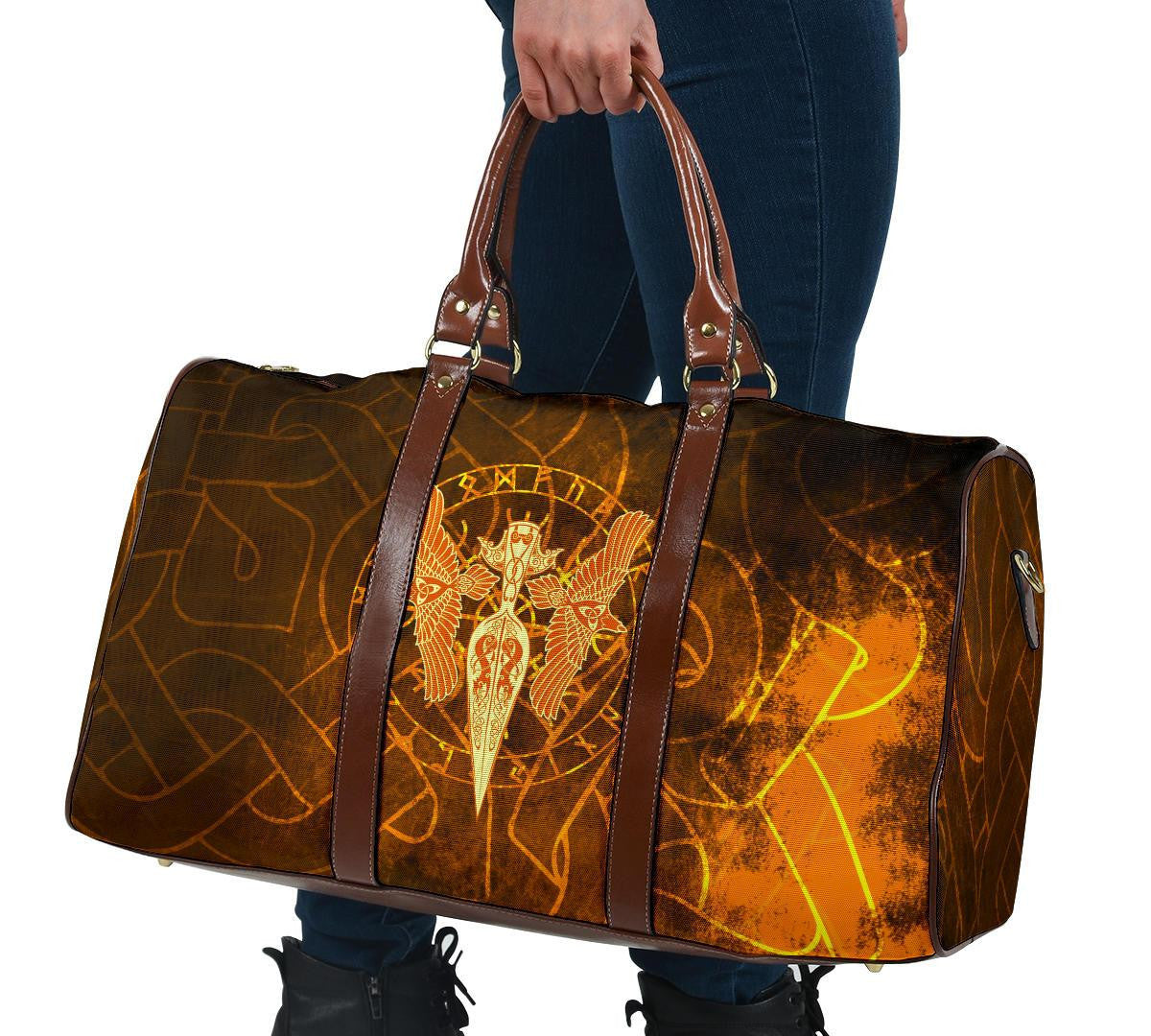 Viking Travel Bag Gold Spear Of The God Odin Gungnir And Two Gold Ravens Style