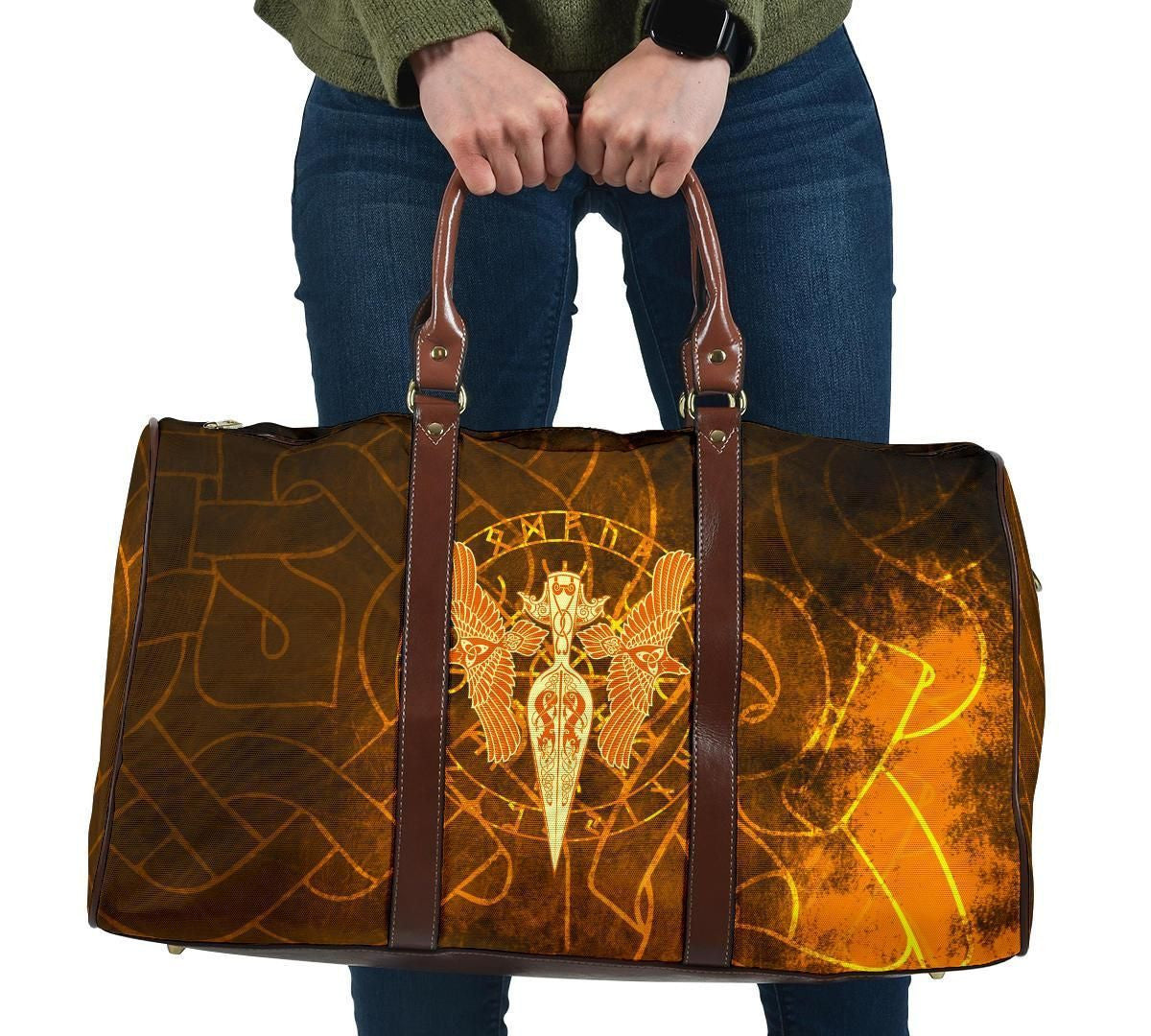 Viking Travel Bag Gold Spear Of The God Odin Gungnir And Two Gold Ravens Style