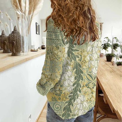 Vintage Puakenikeni and Maile Lei Women Casual Shirt Hawaiian Style Tribal Tapa Double Strand Lei