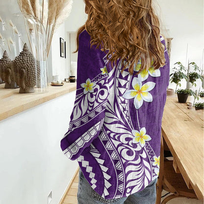 Hawaii Aloha Women Casual Shirt Plumeria Vintage Violet