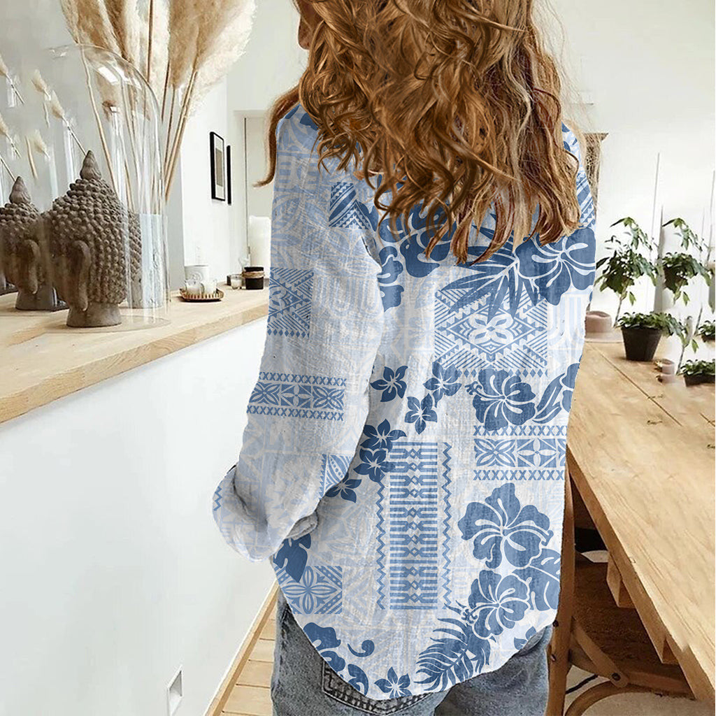 Vintage Hawaii Women Casual Shirt Hibiscus Tapa Tribal With Hawaiian Quilt Pattern Blue