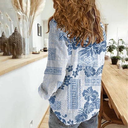 Vintage Hawaii Women Casual Shirt Hibiscus Tapa Tribal With Hawaiian Quilt Pattern Blue