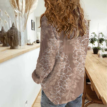 Hawaii Plumeria Lei Women Casual Shirt Aloha Festive Vibe Beige