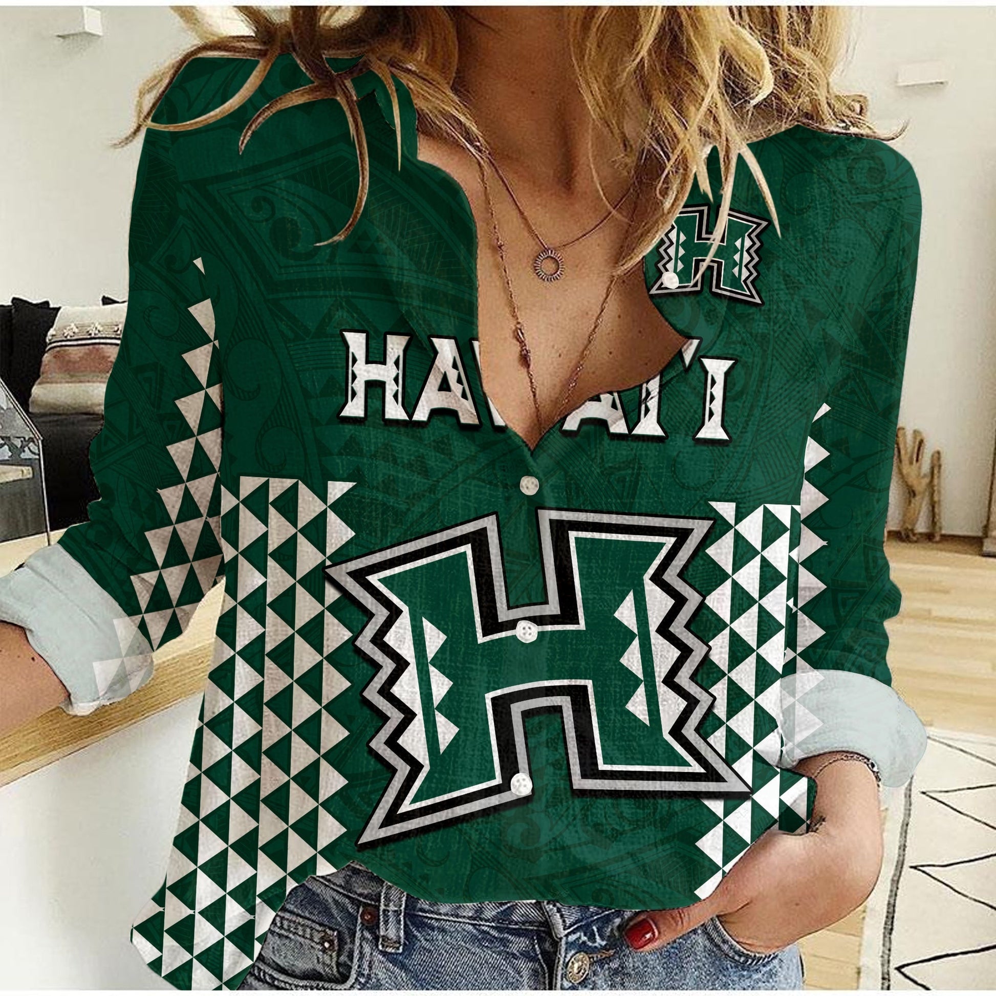 Custom Text and Number Hawaii Football Women Casual Shirt Kakau Warrior Be Stronger