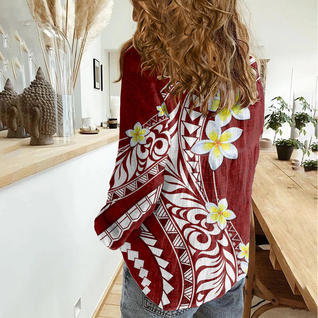 Hawaii Aloha Women Casual Shirt Plumeria Vintage Crimson