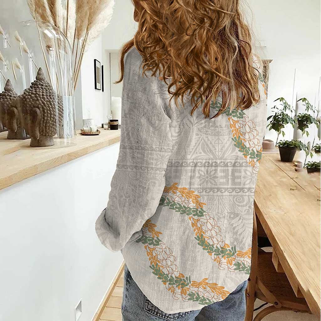 Aloha Pakalana and Puakenikeni Lei Women Casual Shirt Beige Hawaiian Pattern