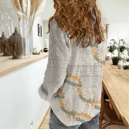 Aloha Pakalana and Puakenikeni Lei Women Casual Shirt Beige Hawaiian Pattern