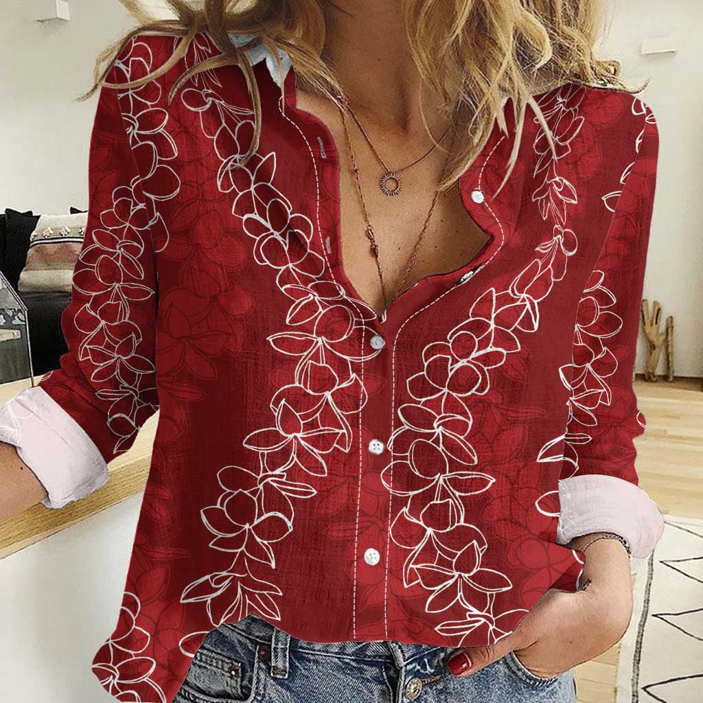 Hawaii Plumeria Lei Women Casual Shirt Aloha Festive Vibe Crimson