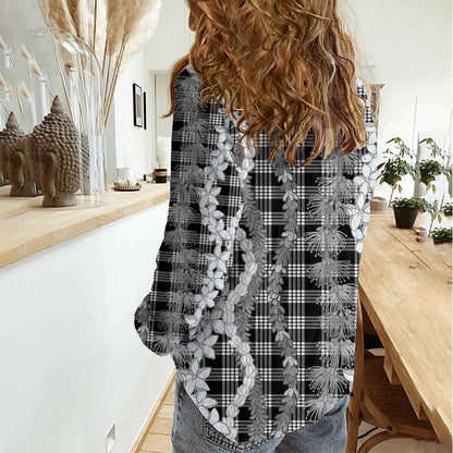 Hawaiian Ohia Lehua Lei Women Casual Shirt Plaid Palaka Eleele Pattern