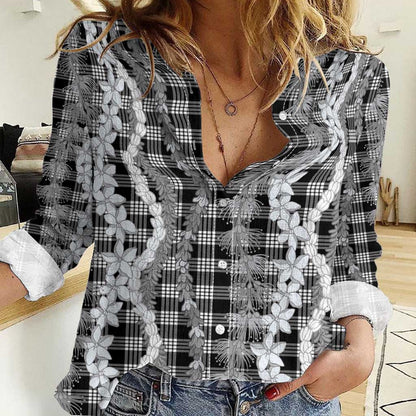 Hawaiian Ohia Lehua Lei Women Casual Shirt Plaid Palaka Eleele Pattern