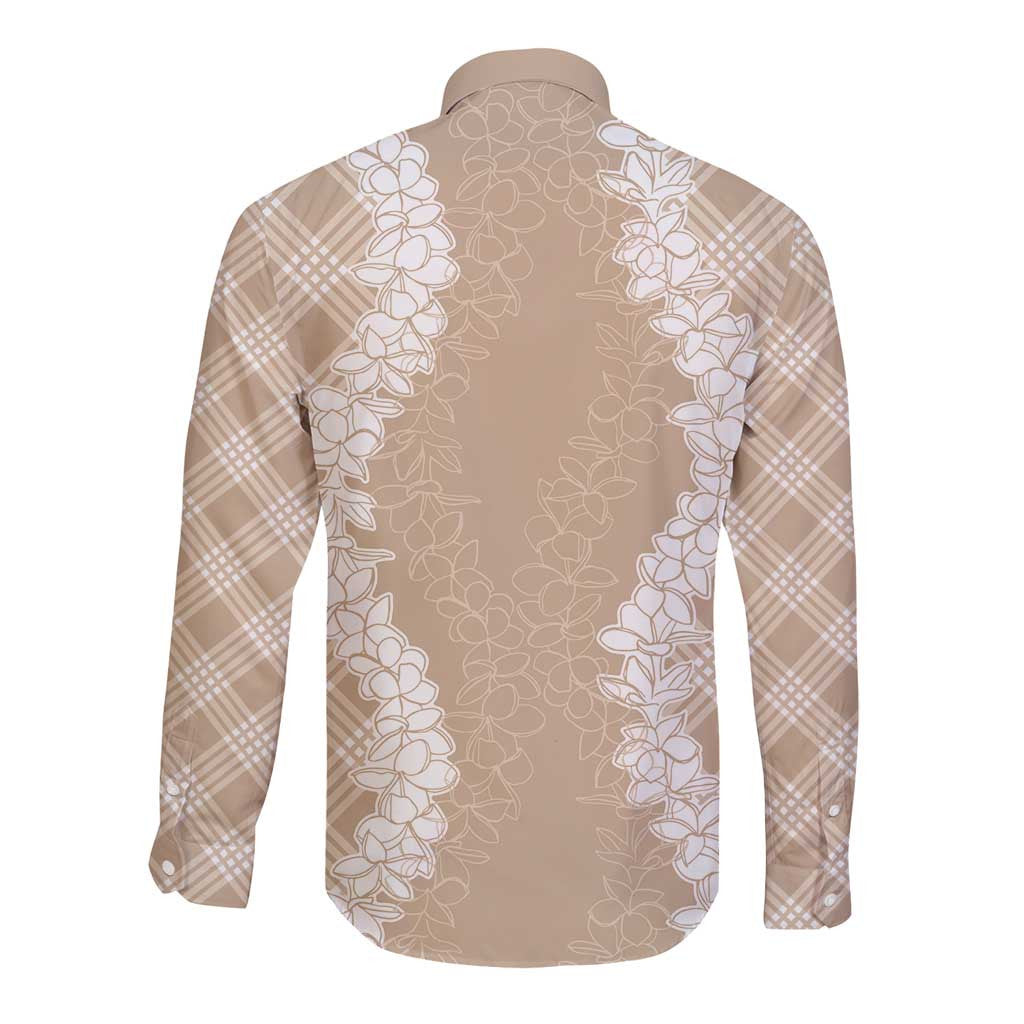 Hawaii Aloha Plumeria Lei Beige Palaka Long Sleeve Button Shirt