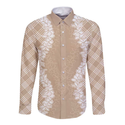 Hawaii Aloha Plumeria Lei Beige Palaka Long Sleeve Button Shirt