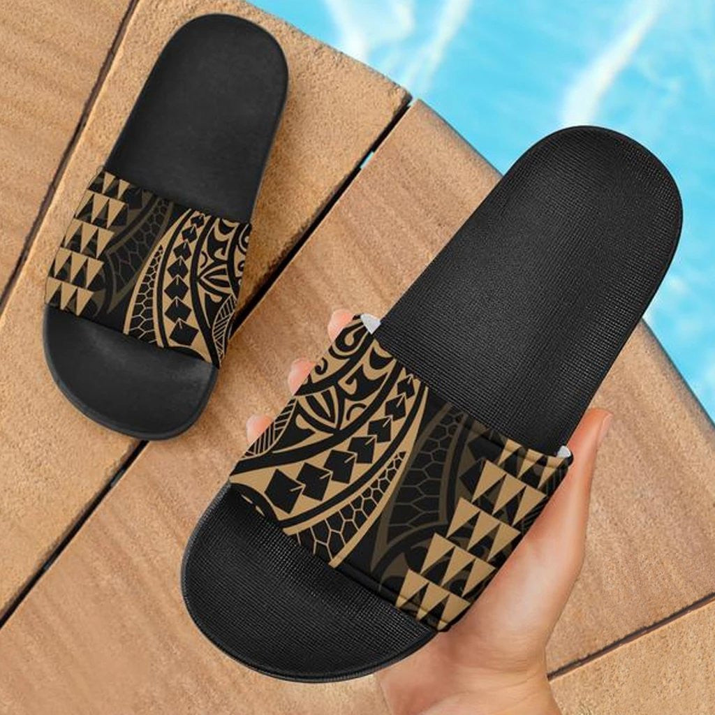 Hawaiian Polynesian Tribal Slide Sandals Gold Black