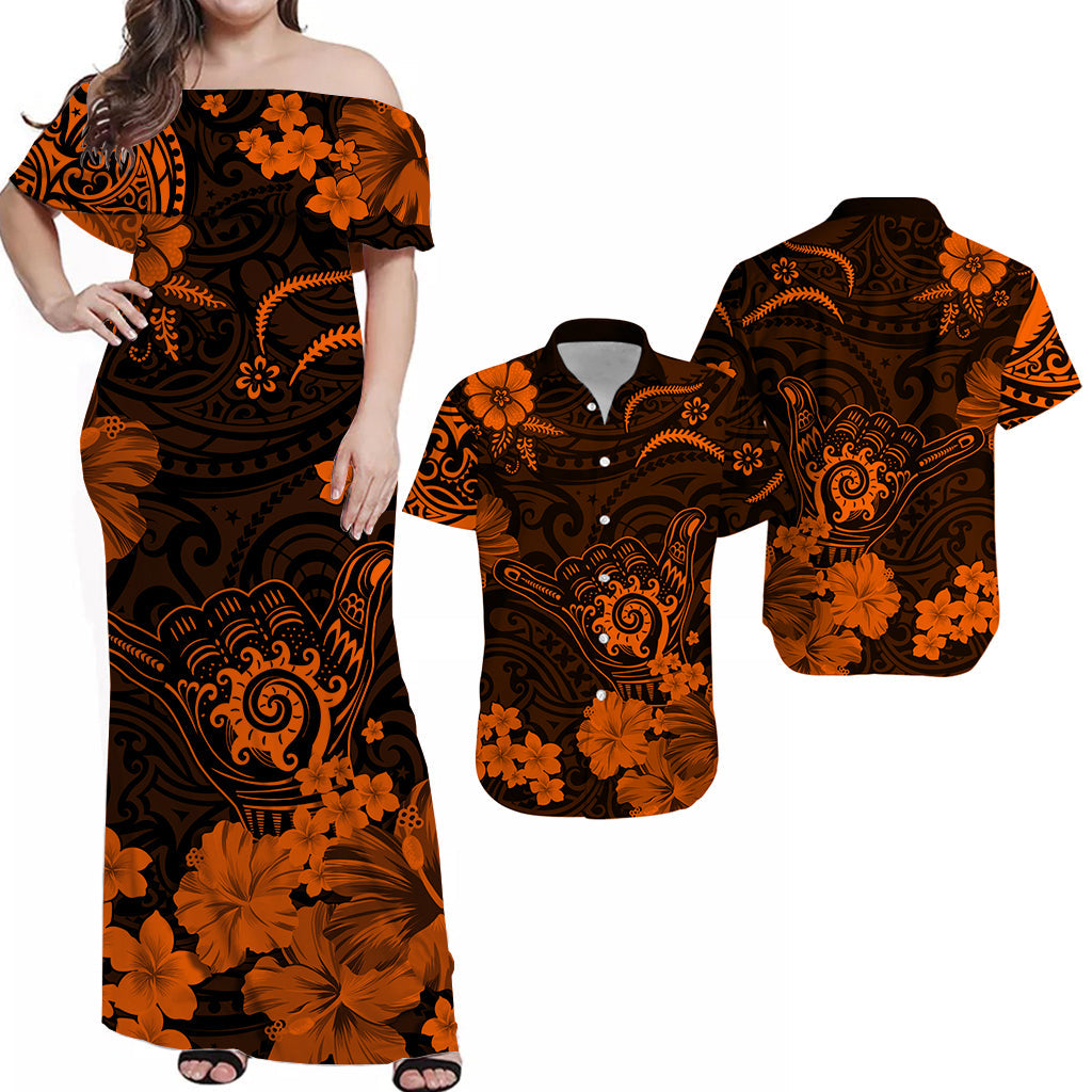 Hawaiian Matching Outfits For Couples Hawaii Combo Dress and Hawaiian Shirt Polynesia Orange Cool Shaka Sign