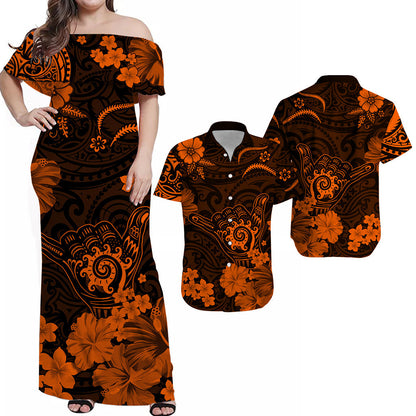 Hawaiian Matching Outfits For Couples Hawaii Combo Dress and Hawaiian Shirt Polynesia Orange Cool Shaka Sign