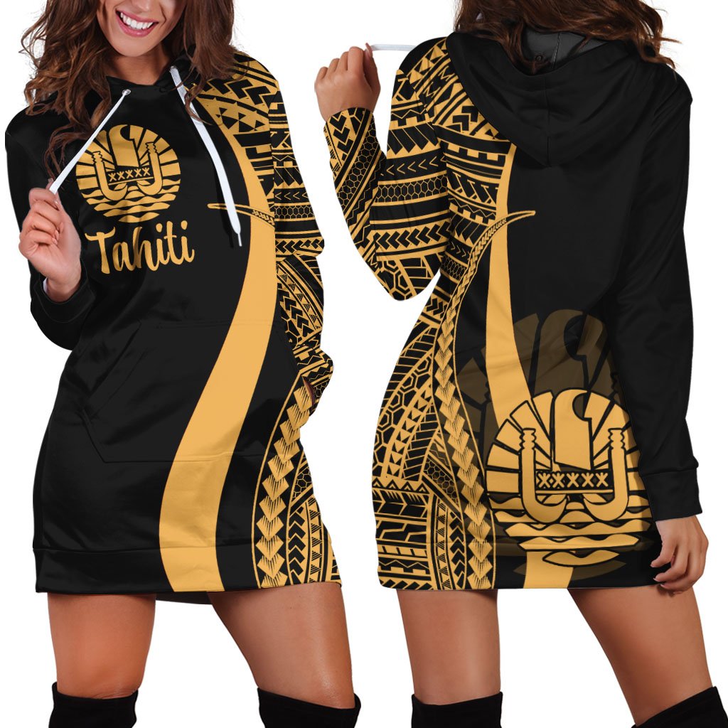 Tahiti Women's Hoodie Dress Gold Polynesian Tentacle Tribal Pattern