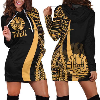 Tahiti Women's Hoodie Dress Gold Polynesian Tentacle Tribal Pattern