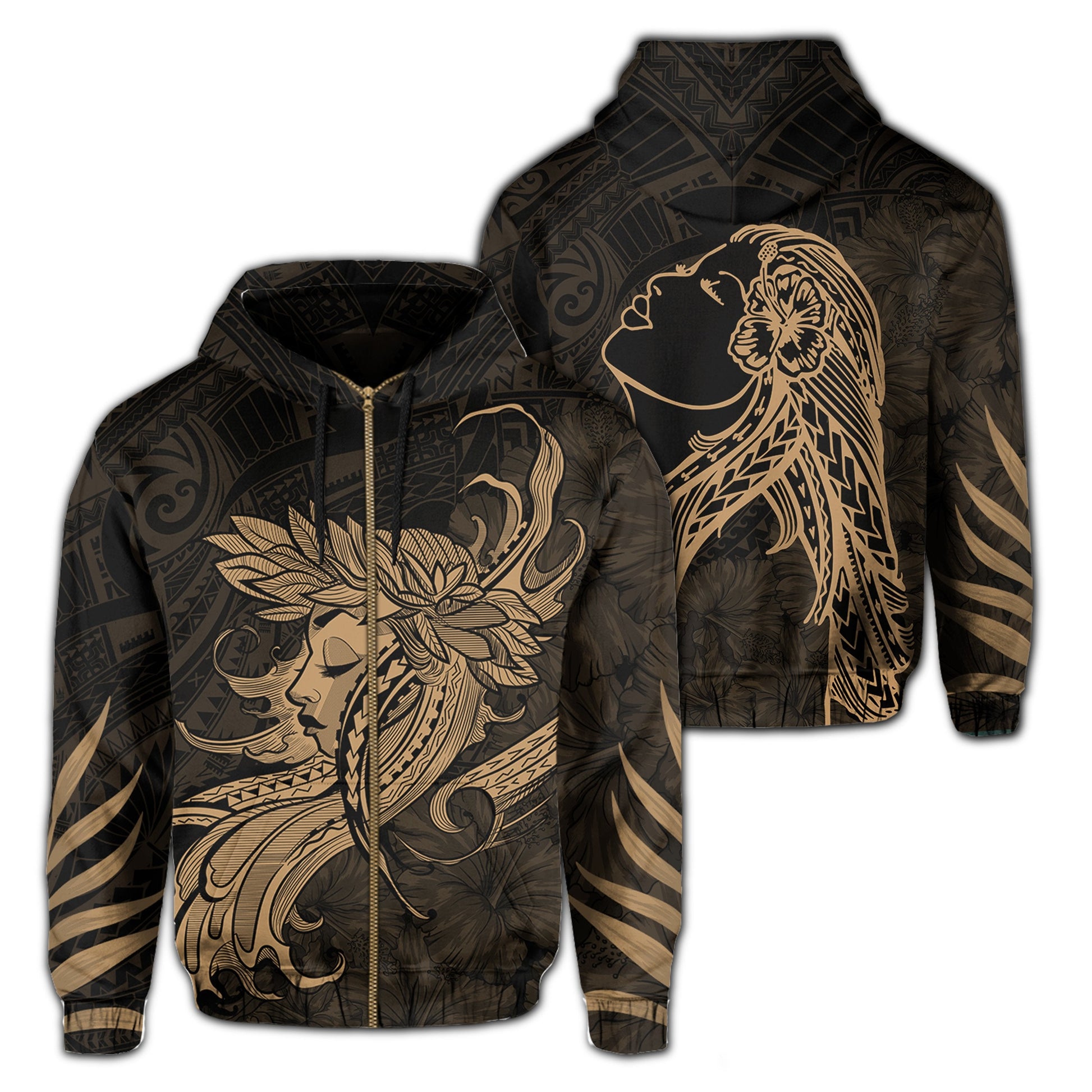 Polynesian Tropic Hula Girl Hibiscus Hawaii Zip Hoodie Gold