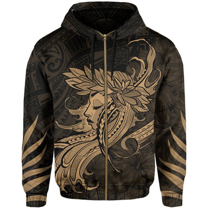 Polynesian Tropic Hula Girl Hibiscus Hawaii Zip Hoodie Gold