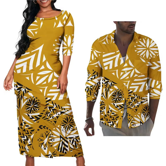 Vintage Polynesian Flowers Pattern Couple Matching Outfit Polynesian Tribal Yellow Puletasi Dress Men's Long Sleeve Button Shirt