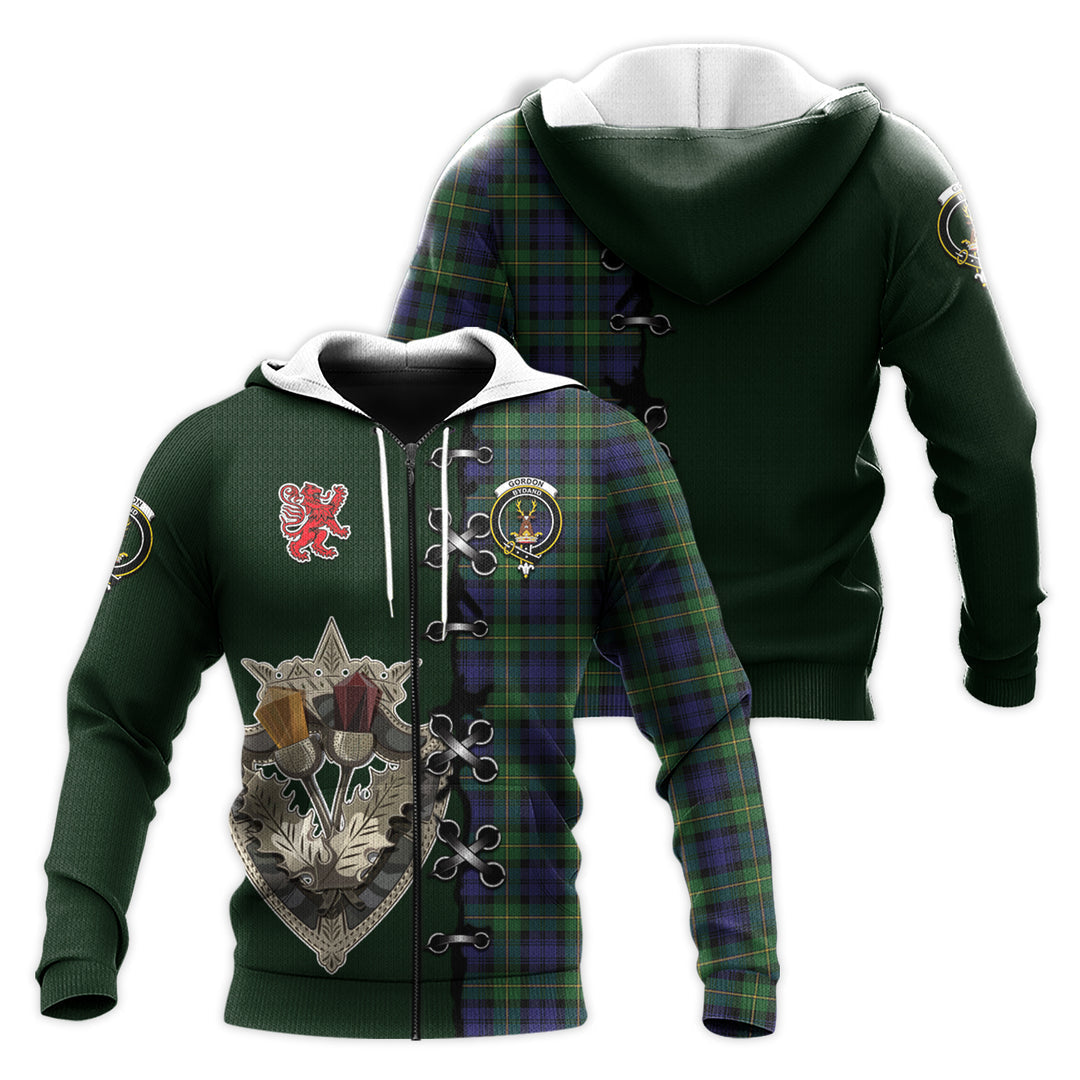 Printivon Gordon Tartan Hoodie Lion Rampant And Celtic Thistle Style